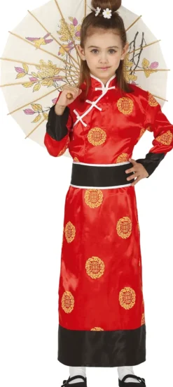 Asiatisk Prinsesse - Rødt Kimono Kostume Til Piger (3 - 12 år)
