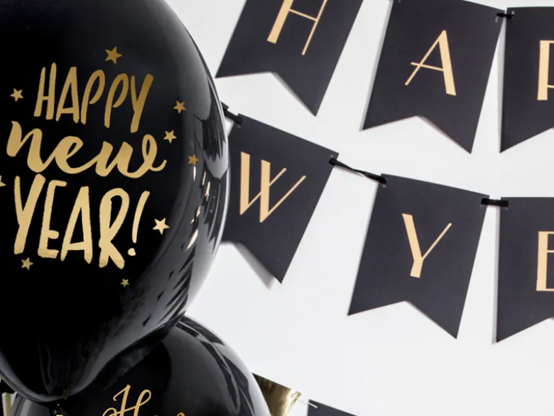 Ballon 30 cm, Happy New Year, Pastel Sort (6 Stk.)