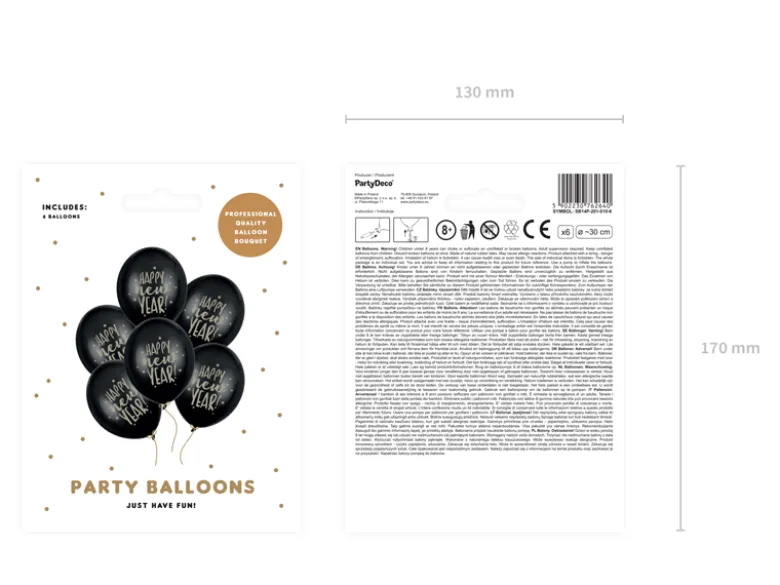 Ballon 30 cm, Happy New Year, Pastel Sort (6 Stk.)