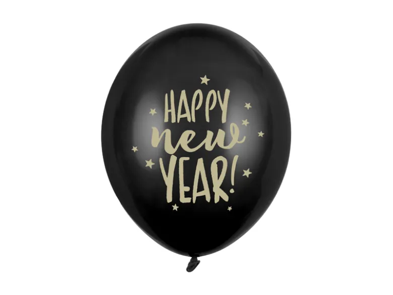 Ballon 30 cm, Happy New Year, Pastel Sort (6 Stk.)