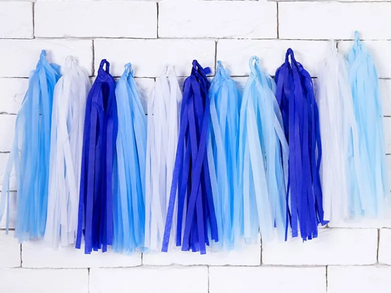 Blå, Lyseblå & Hvide Papir Tassels DIY, 12 stk.