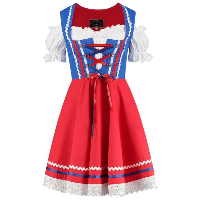 Blå/Rød Dirndl m/Løs Skjorte i 100% Bomuld