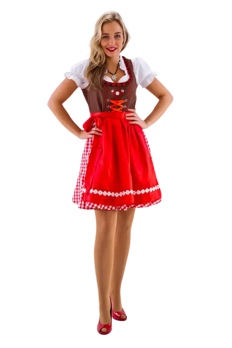 Brun & Rød Dirndl i 100% Bomuld, 3 dele