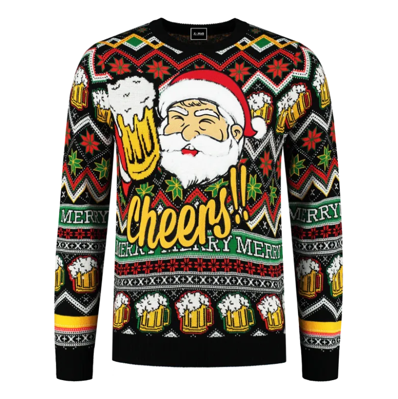 Cheers Santa! Sort Julesweater m/Plysset Skæg