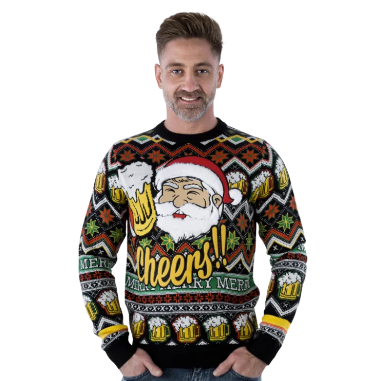 Cheers Santa! Sort Julesweater m/Plysset Skæg