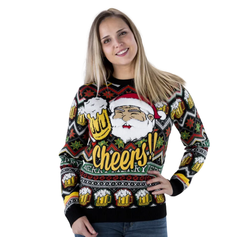 Cheers Santa! Sort Julesweater m/Plysset Skæg