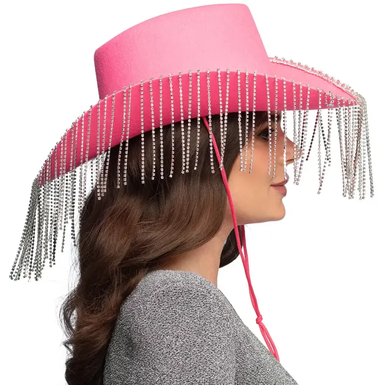 Cowboy Hat, Pink Showgirl Hat med Frynser