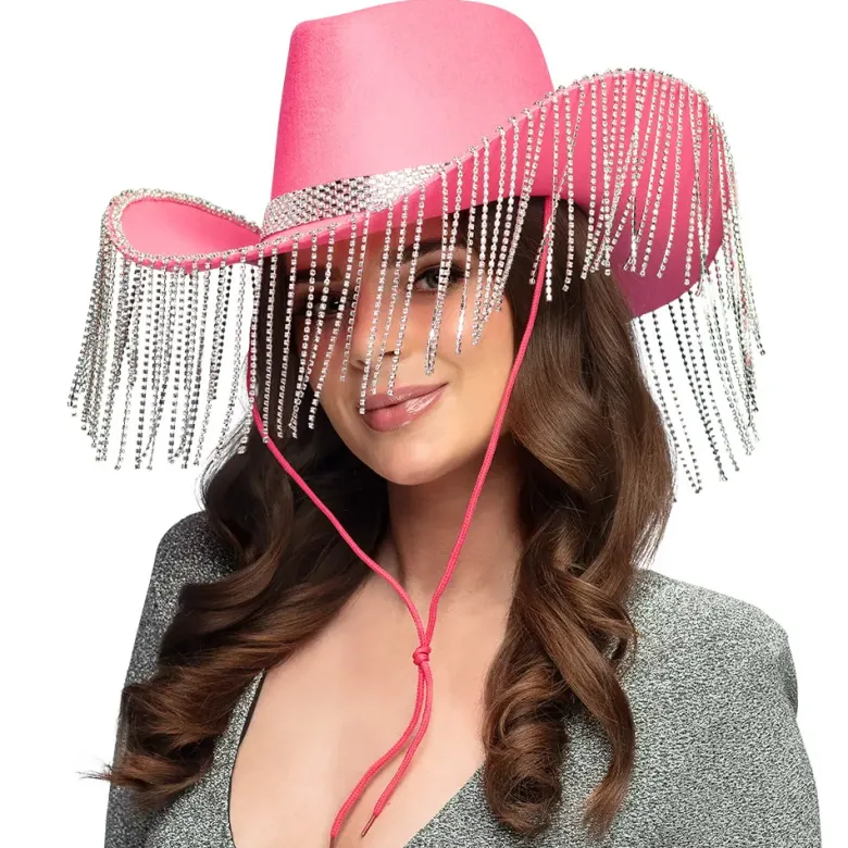 Cowboy Hat, Pink Showgirl Hat med Frynser