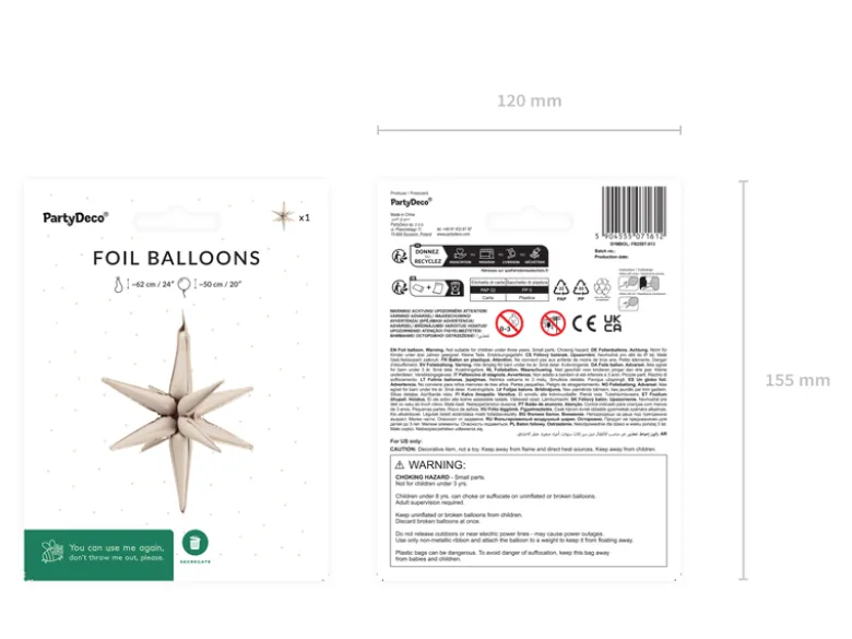 3D Folie Ballon Stjerne, 50 cm, Beige