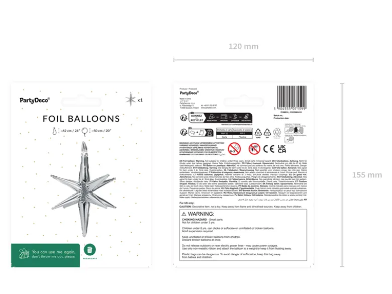3D Folie Ballon Stjerne, 50 cm, Sølv