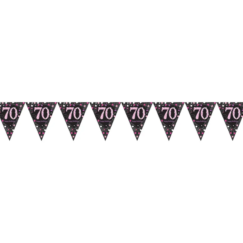 Flagguirlande 4M med Sparkling 70 År vimpel flag (sort & pink)