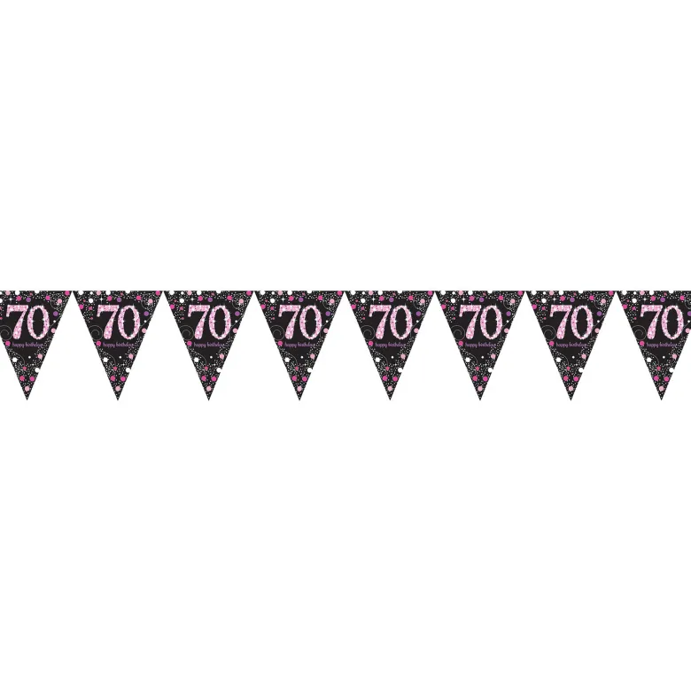 Flagguirlande 4M med Sparkling 70 År vimpel flag (sort & pink)