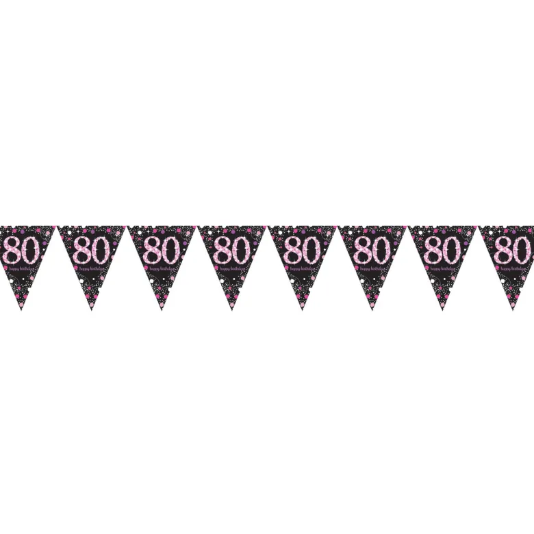 Flagguirlande 4M med Sparkling 80 År vimpel flag (sort & pink)