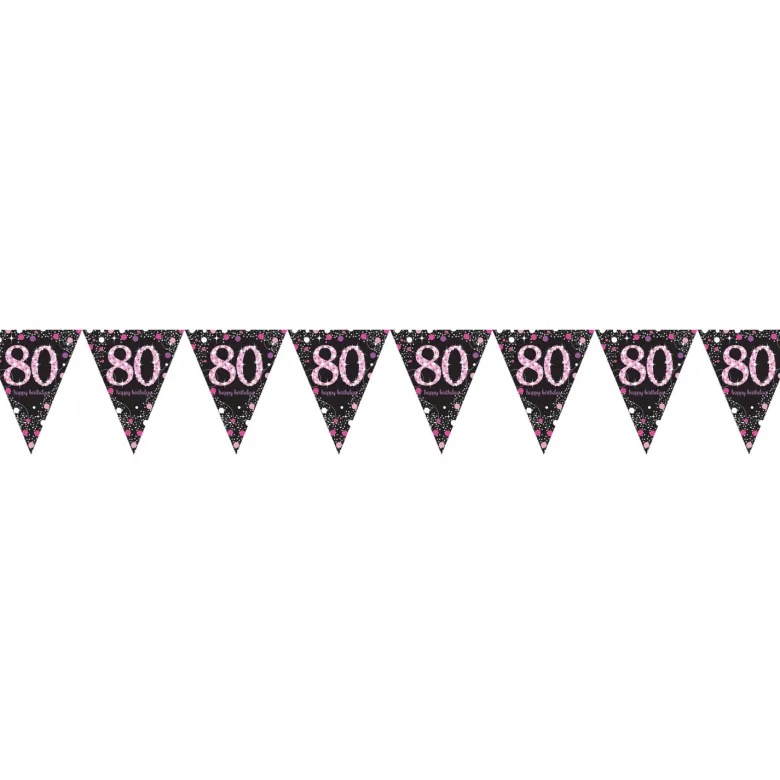 Flagguirlande 4M med Sparkling 80 År vimpel flag (sort & pink)
