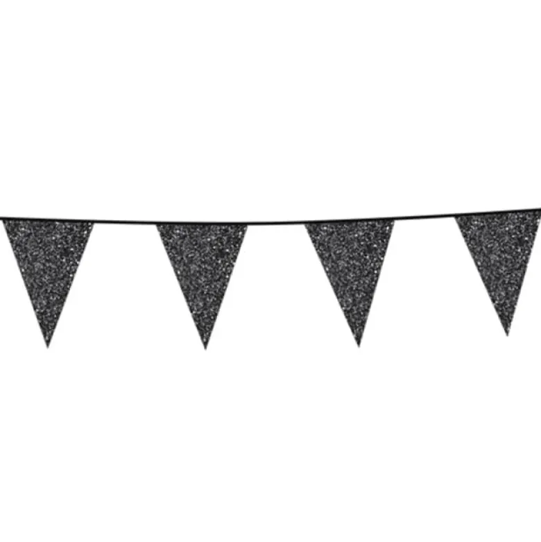 Flagguirlande m/Sorte Glitter Vimpler 20x30cm, 6M