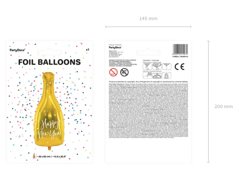 Folie Ballon Flaske - Happy New Year, 32 X 82 cm, Guld
