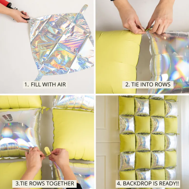 Folie Ballon Gardin Double-Sided Kvadrat, Holographic-Neon Gul, 35 X 35 cm (4 Stk.)