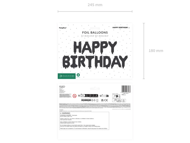 Folieballon Happy Birthday, 340 X 35 cm, Sort