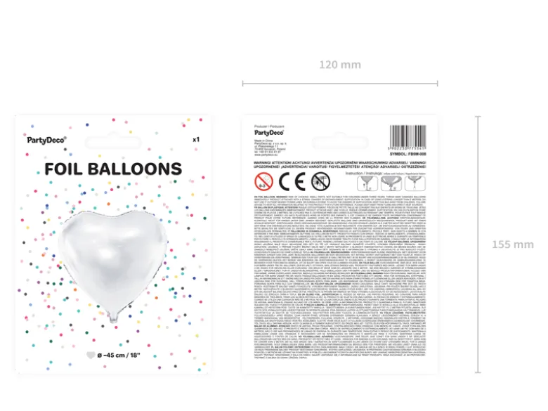 Folie Ballon Hjerte, 45 cm, Hvid