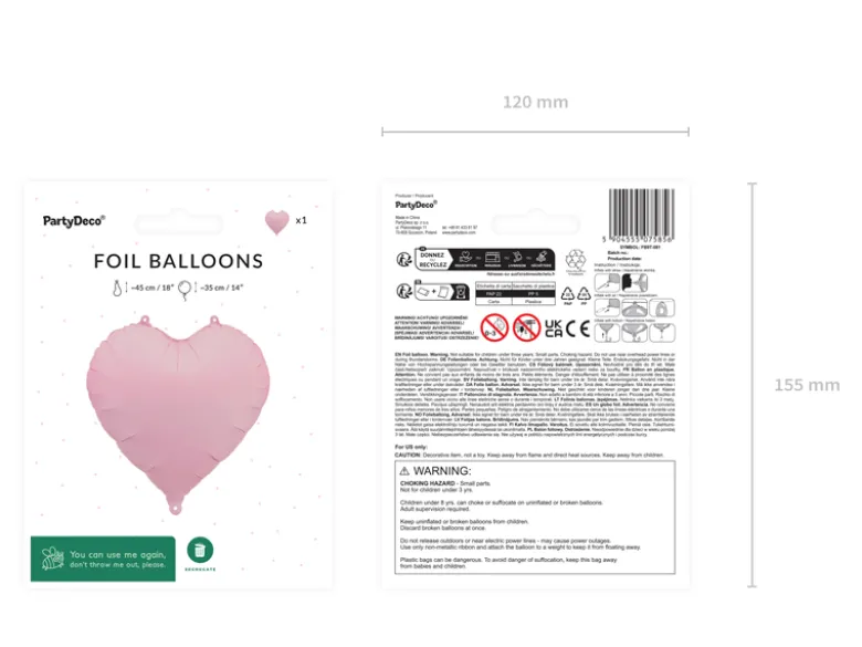 Folie Ballon Hjerte, 45 cm, Pink