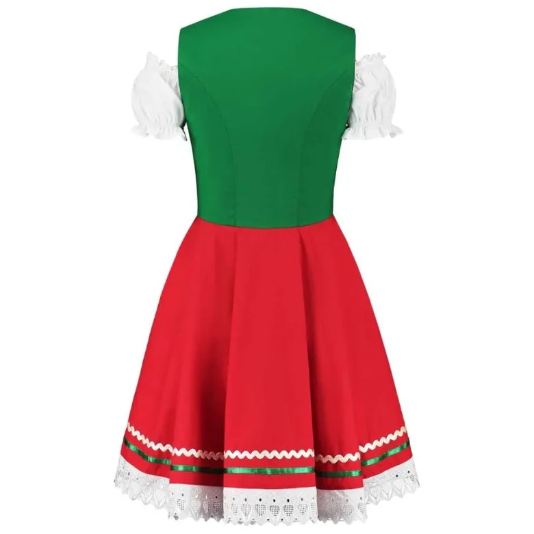 Grøn/Rød Mini Dirndl m/Løs Skjorte i 100% Bomuld