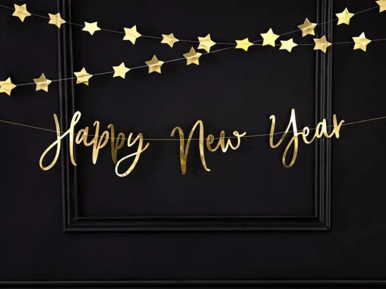 Guld "Happy New Year" Guirlande, 66 x 18 cm