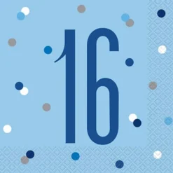 HAPPY BDAY, Blå Glitz Servietter - 16 År