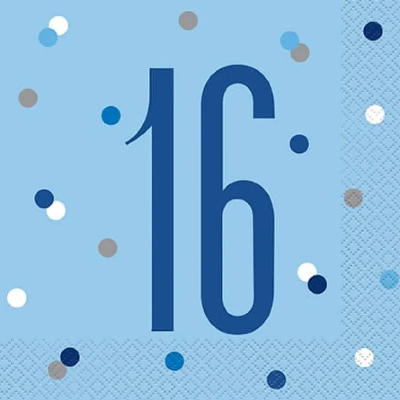 HAPPY BDAY, Blå Glitz Servietter - 16 År