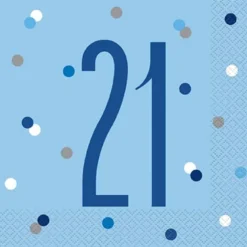 HAPPY BDAY, Blå Glitz Servietter - 21 År