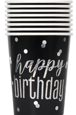 HAPPY BIRTHDAY Sorte Glitz Papkrus, 8 stk.