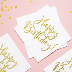 Hvide og Guld "Happy Birthday" Servietter, 20 stk.