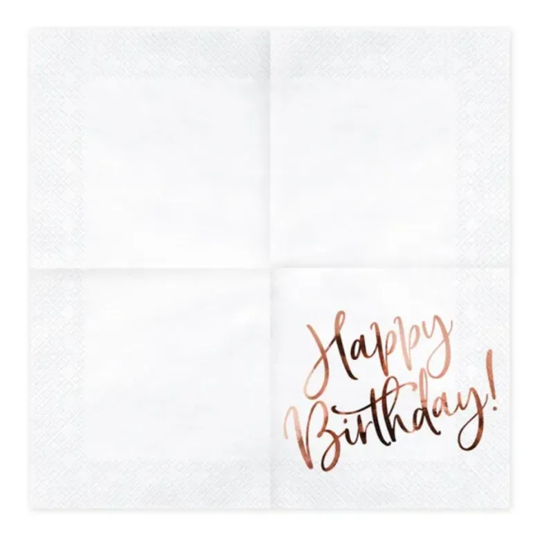 Hvide og Rosegold "Happy Birthday" Servietter, 20 stk.