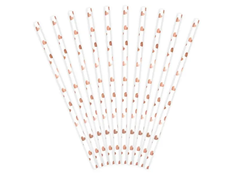 Hvide Papir Sugerør m/Rosegold Hjerter