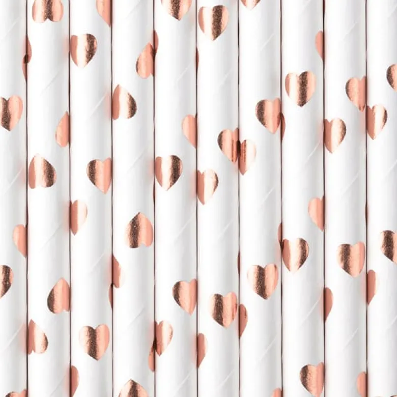 Hvide Papir Sugerør m/Rosegold Hjerter