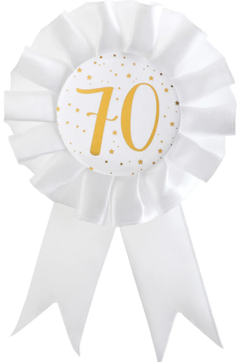 Hvid Fødselsdags Rosette m/Guld Print, 70 År