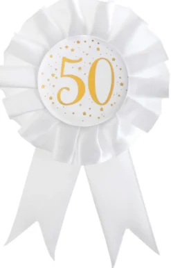 Hvid Fødselsdags Rosette m/Guld Print, 50 År