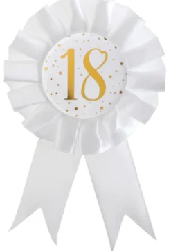 Hvid Fødselsdags Rosette m/Guld Print, 18 År