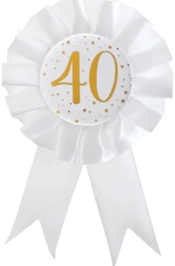 Hvid Fødselsdags Rosette m/Guld Print, 40 År