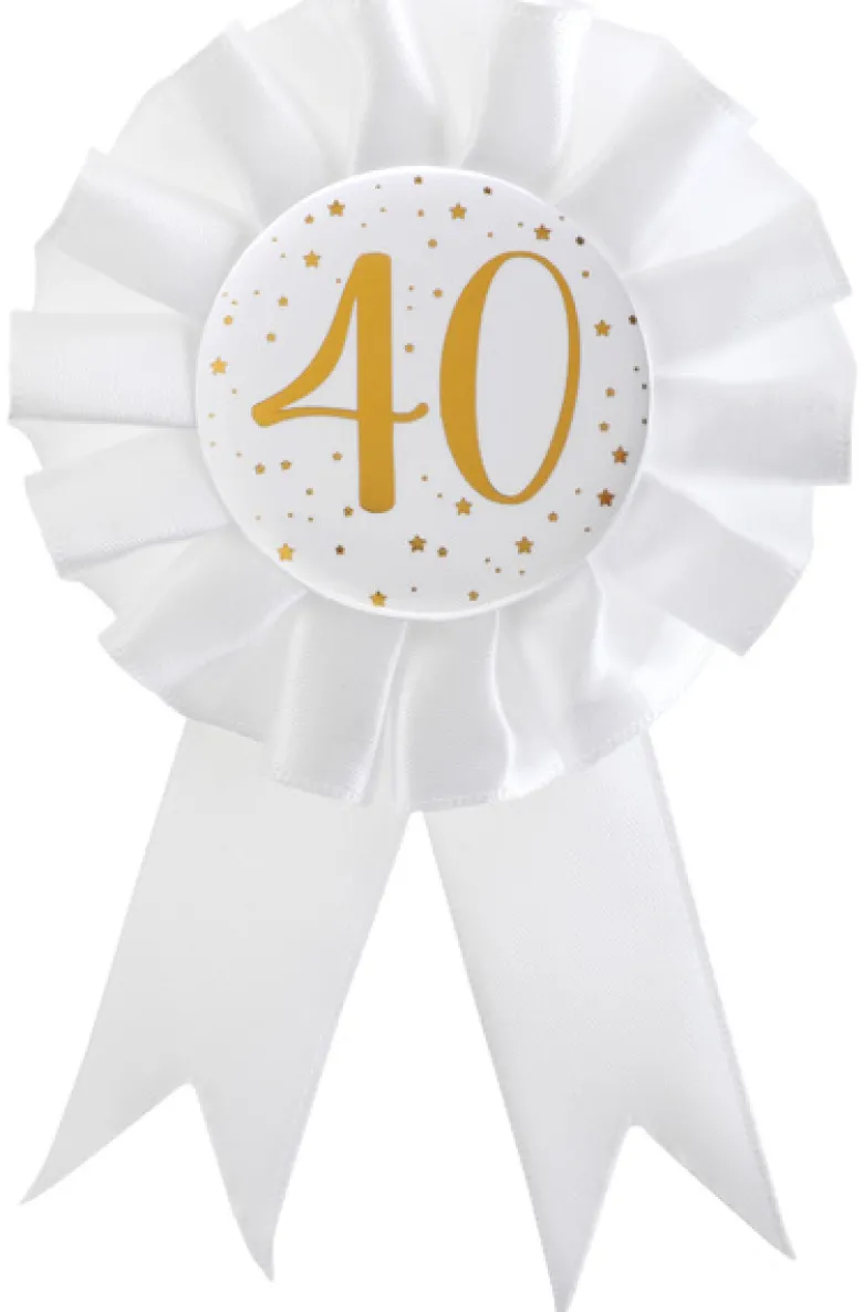 Hvid Fødselsdags Rosette m/Guld Print, 40 År