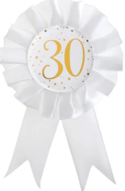 Hvid Fødselsdags Rosette m/Guld Print, 30 År