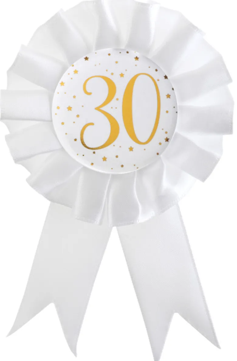 Hvid Fødselsdags Rosette m/Guld Print, 30 År