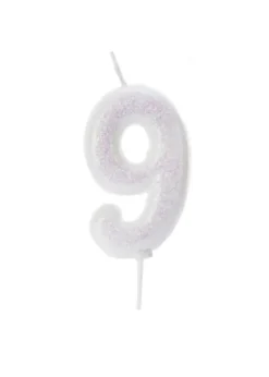 Iriscerende Hvidt Tal Kagelys m/Glitter 6.5 cm - 9