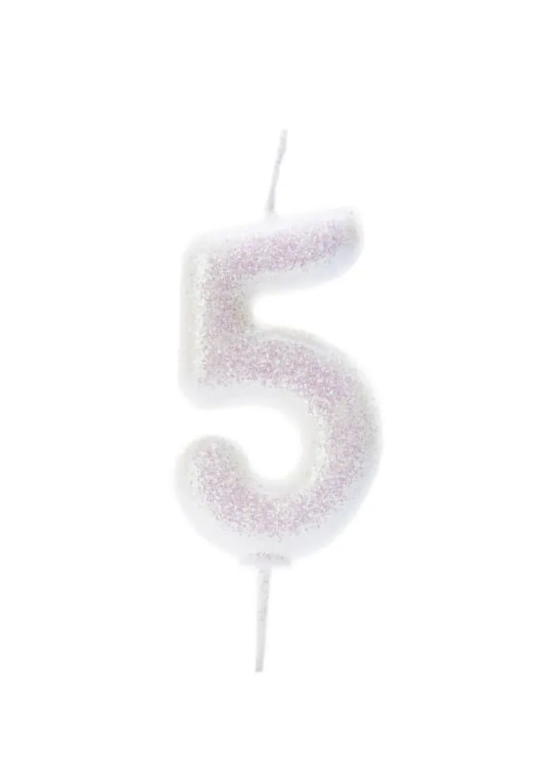 Iriscerende Hvidt Tal Kagelys m/Glitter 6.5 cm - 5