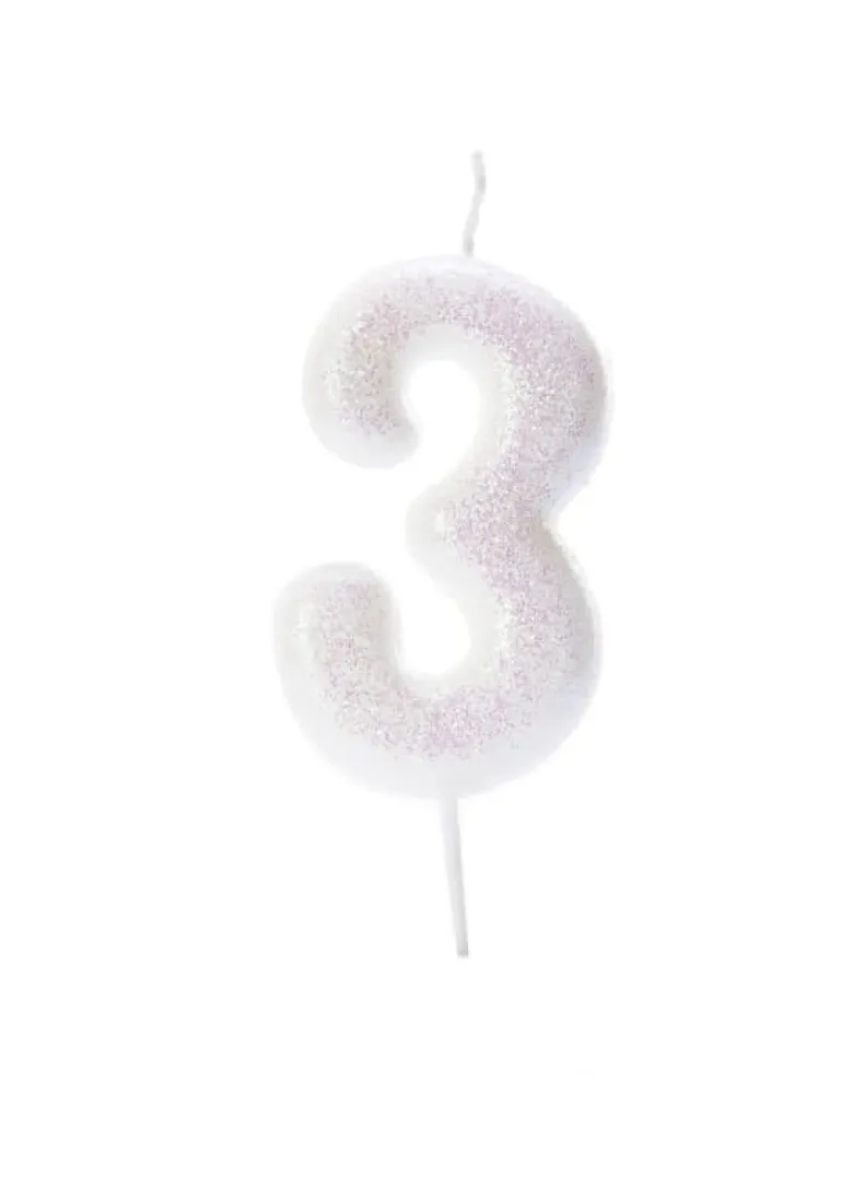 Iriscerende Hvidt Tal Kagelys m/Glitter 6.5 cm - 3