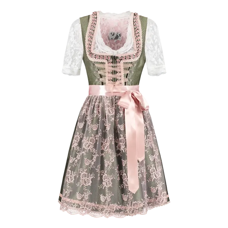 Luksus Dirndl i Grøn & Lyserød - Jacquardvævet