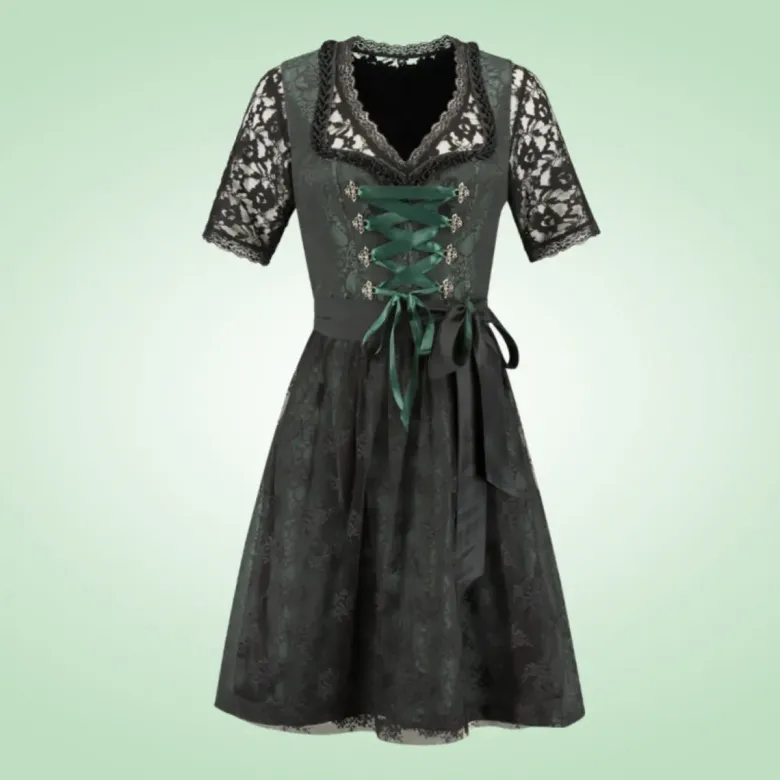 Luksus Dirndl i Mørkegrøn & Sort, Jacquardvævet