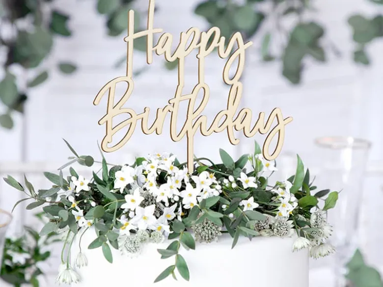 Luksus Kage Topper i Træ - "Happy Birthday"