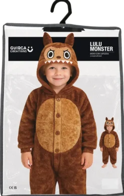 Lulu Monster, Brun heldragt med Hætte | Blødt Børnekostume (5 - 12 år)