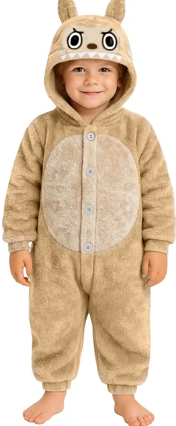 Lulu Monster, Brun heldragt med Hætte | Blødt Børnekostume (5 - 12 år)