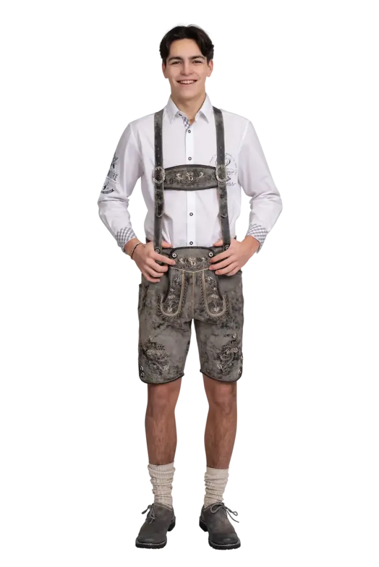 Luxus Lederhosen i Ægte Skind - Kort Model i Vintage Grå